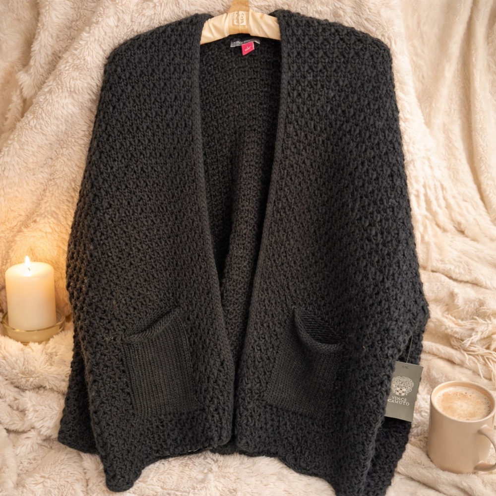 Vince Camuto Chunky Knit Open Front Cardigan Black Cozy Pockets Size L NWT